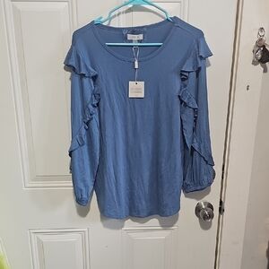 Cupio Dusty Blue Ruffle-Sleeve Long Sleeve Top